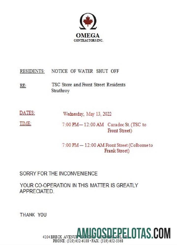 Aviso de encerramento da conta de serviços públicos de água do Canadá Ontario Omega Contractors Inc. exemplo real